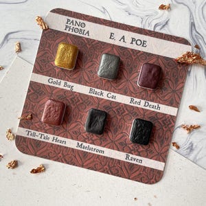 E. A. POE - Scheda campione acquerelli, colori Shimmer Handmade, quarti di vaschetta, arte horror