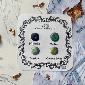 Acquerelli metallizzati scintillanti fatti a mano CHROME, regalo per artisti, blu e verde, campione di cartoncino a pois