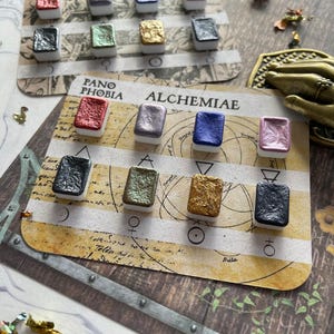 Alchemiae ハンドメイド シマー 水彩画 サンプル カード テスター、スターター セット、ミニ パン 8 個