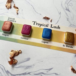 TROPICAL LUSH - Campione di acquerelli, Colori acrilici luccicanti fatti a mano, Regalo per artisti, Quarti di vaschetta