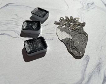 Aquarelle scintillante faite main de dahlia noir, quart de casserole, fourniture d'art