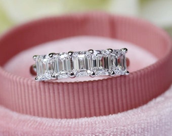 Five Stone Moissanite Band, 0.80tcw Emerald Cut Colorless Moissanite Band, Half Eternity Wedding Band, Anniversary Ring For Her, Bridal Ring