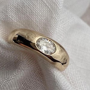 Bezel Set Oval Moissanite Ring, Solid Gold Chunky Dome Band