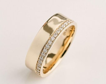 One Side Pave Wedding Band, 14K Gold Minimalist Diamond Marriage Band, Solid Gold Full Eternity Flat Band, Comfort Fit Classic Womens Band
