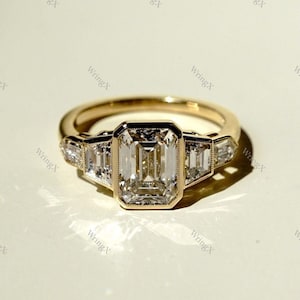 Bezel Set 3Ct Emerald Cut Moissanite Engagement Ring, Sterling Silver