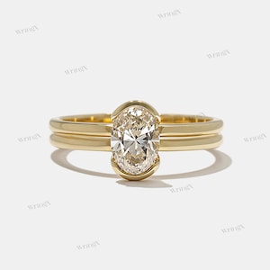 Oval Moissanite Half Bezel Ring  Modern Diamond Engagement Ring  14K Gold Oval Cut Ring