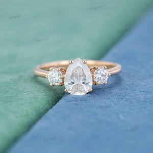 Pear Moissanite Teardrop Engagement Ring 14K Gold Three Stone Bridal