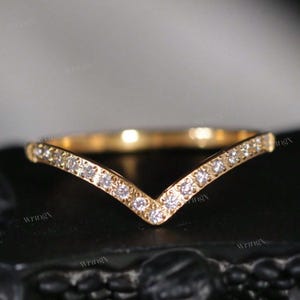 Gold Chevron Diamond Ring – Minimalist V-Shaped Stacking Band for Wedding or Engagement