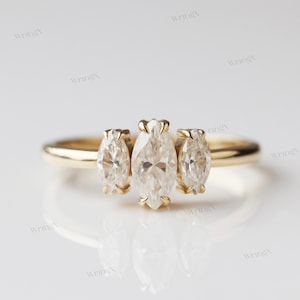 Moissanite Engagement Ring Yellow Gold, Three Marquise Stone Ring, Dainty 3 Stone Diamond Promise Ring for Women Anniversary Gift