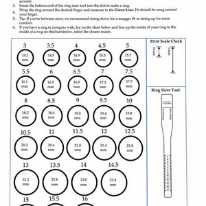 Puede incluir: Herramienta y tabla imprimible para medir anillos, con tallas de la 3 a la 16, incluyendo medias tallas. Cada talla de anillo se muestra con su medida en milímetros. Instrucciones incluidas.