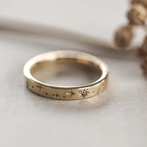 Star Engraved Gold Diamond Band – Celestial Wedding Ring