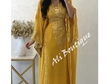 Verkoop!! Luxe Avond Marokkaanse Dubai Aari Borduren Stenen Fancy Unieke Kaftan Afrikaanse Goud Werk Jurk Komen Met Hoofddoek Ali-399