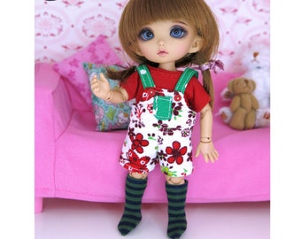 Flowery corduroy dungarees set for pukifee BJD tiny doll