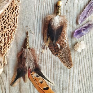 Boho Earrings with Natural Feathers and Silver – Handmade – Shamanic Style – Tribal – Wild and Spiritual Jewelry – Ethnic