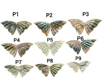 May include: Nine iridescent butterfly-shaped labradorite gemstones, labeled P1 through P9. The gemstones are arranged in three rows of three, with each row labeled with a letter.