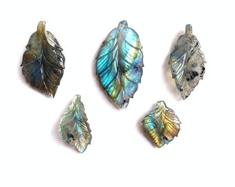 Blue Fire Labradorite Leaf Carving: Hand Carved Gemstone