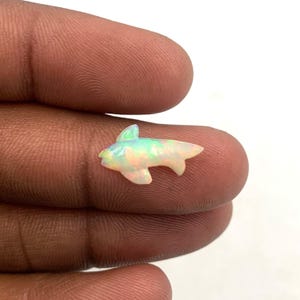 May include: A small, white opal carved into the shape of a fish. The opal has a rainbow iridescent sheen.