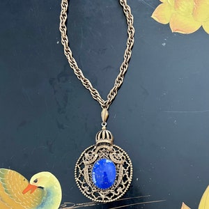 Vintage Lapis Lazuli Oversized Gold Tone Pendant Necklace / Egyptian Revival Necklace