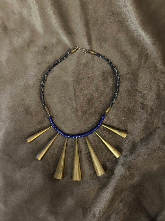 Vintage/Antique Blue and Brass Cone, Beaded, Colla