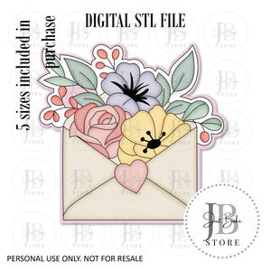 May include: A digital STL file for a 3D printed cookie cutter in the shape of an envelope with a bouquet of flowers. The flowers are pink, yellow, purple, and green. The envelope is beige with a pink heart.