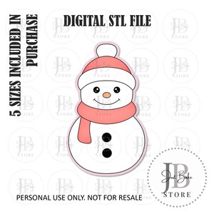 May include: A digital STL file for a snowman cookie cutter. The snowman is white with a pink hat and scarf. The snowman has two black buttons and a black nose.