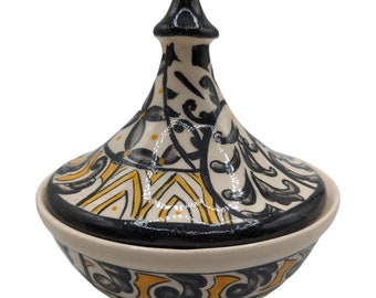 Handgefertigter und bemalter Tajine-Topf aus marokkanischer Keramik zum Kochen, cremefarben, Marineblau