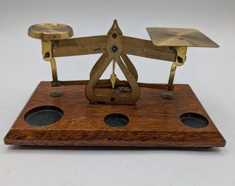 Vintage Brass & Wood Postal Scale With Cherry Finish Made In England No Weights