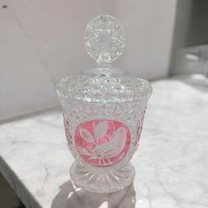 Vtg HOFBAUER Birds German Lead Crystal Ruby RedAmaris Birds Covered Dish 9&quot;