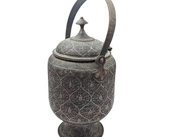 Persian or Thai Silver-Inlaid Bronze Pedestal Bowl With Lid & Handle Floral Motif 11" Tall