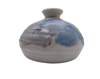 Vintage Handmade  Soft Blue And Grey Ceramic Pottery Orb Shaped Vase 4 In Signed