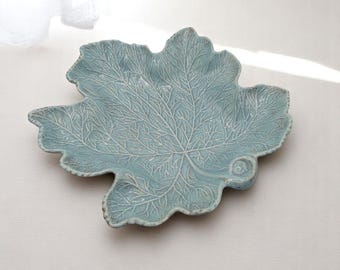 Vintage California Pottery Maple Leaf Platter in Turquoise 13"