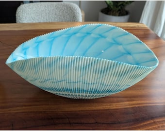 Handmade Italian Murano 16.5" Large SeaShell Folded Glass Art Centerpiece Bowl Blue White