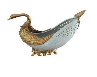 Neoclassical French Style Bronze Ceramic Swan Centerpiece Bowl Late 20th Century