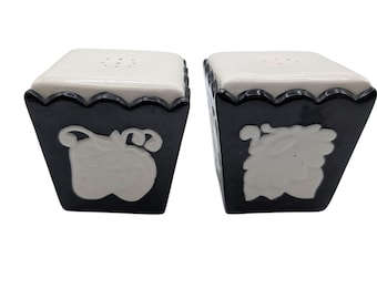 1962 Art Deco Ceramic Salt Pepper Shakers: Black White Raised Fruit Flower Motif