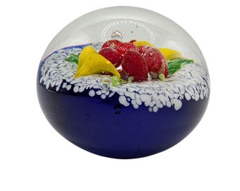 Vintage Blue Glass Paperweight With Berries & Flowers Design 4.75" Diameter