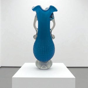 Vintage Art Glass Vase Fenton Hobnail Blue White Blown Cased Glass