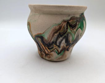 Nemadji Pottery Vase With Marbled Green Orange & Brown Swirls 4" Vtg