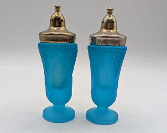 Colony Blue Mist Harvest 4 1/2" Footed Salt And Pepper Shakers With Silver-Tone Lids
