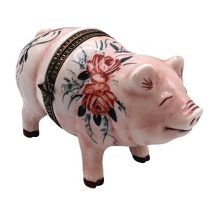 Vintage 1990s Studio USA Happy Pig Enamel Hinged Trinket Box Hand Painted Floral