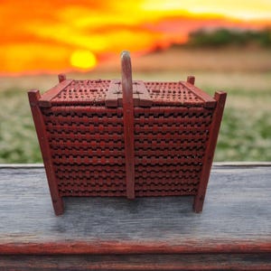Antique Red Woven Wooden Picnic Basket W Handle and 2 flip top doors