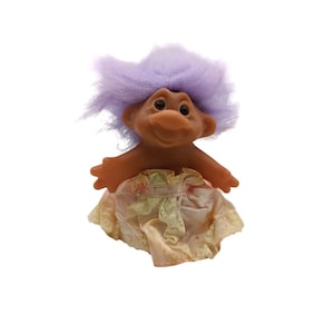 Vintage 1986 DAM Trolls Purple Color Hair in Pink Dress Collectible Doll