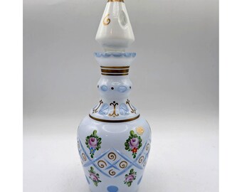 Vintage Bohemian Cased Glass Decanter: Hand-Painted Floral, Blue Cut-Out Windows