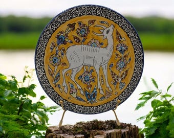 Decorative Ceramic Plate Tile Deer & Floral Yellow Blue Armenian? 9in