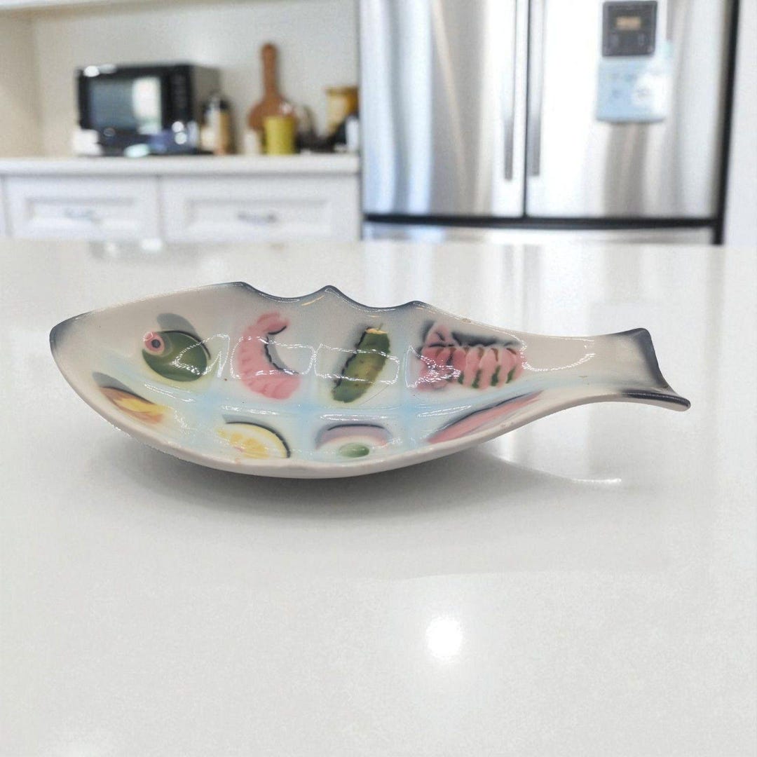 Hand-painted Ceramic Fish-shaped Serving Dish With Vibrant Food Motifs ...