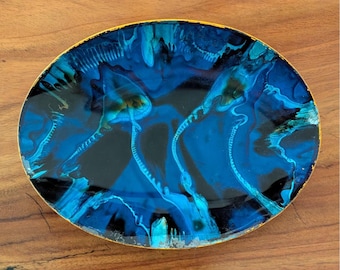 Vintage Handmade Enameled Goat Skin Bowl Blue & Green Mexico 13x10 Decorative Plate