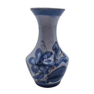 Hand-Painted Mexican Ceramic Vase With Floral  Bird Design Signed By Artist Blue & White