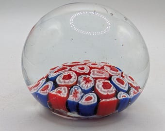 Vintage Glass Millefiori Paperweight Red & Blue Floral Canes  3"