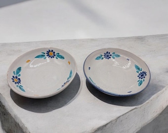 Set Of 2 Hand-Painted Ceramic Floral Bowls 8" White Blue Signed