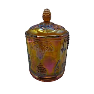 Vintage Indiana Glass Grape Harvest Carnival Glass Iridescent Amber Candy Jar