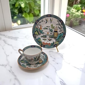 Vintage Crown Staffordshire Bone China Tea Cup Saucer & Dessert Plate Set Chinese Willow Pattern